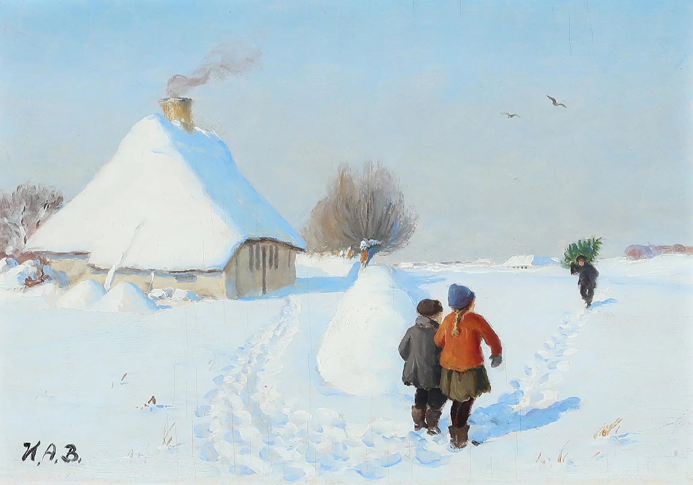 Un paysage enneigé avec deux enfants dans la neige. - H. A. Brendekilde - Alpha Reproduction