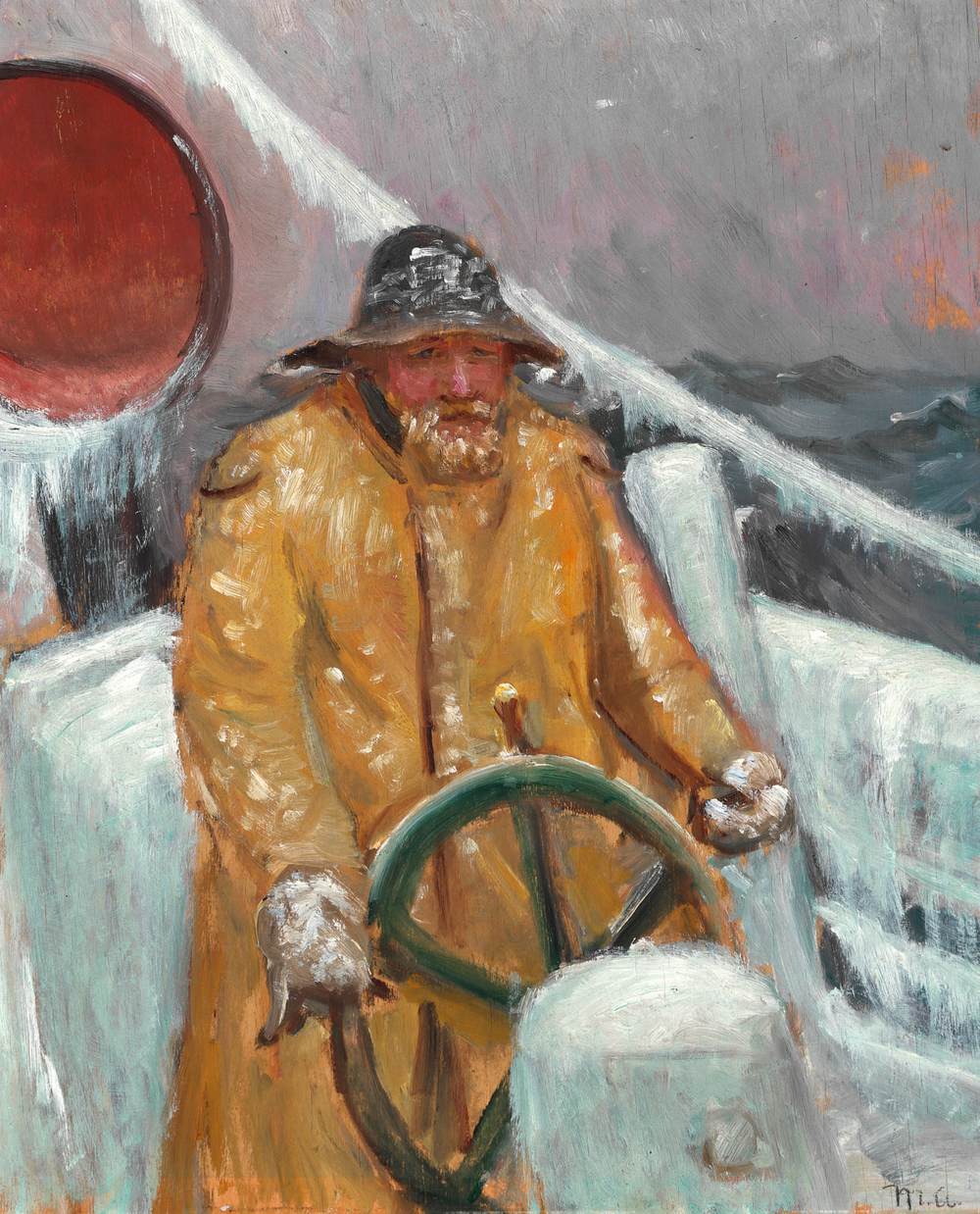 Un pêcheur à la barre d'un navire recouvert de glace. - Michael Peter Ancher