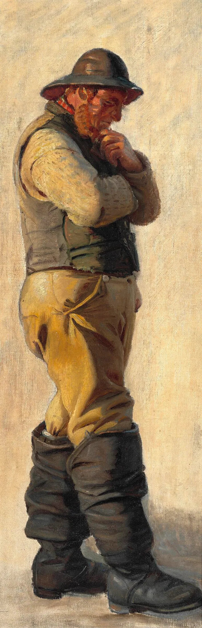 Skagenli bir balıkçı, yağmurluk giymiş ve yüksek çizmelerle, sakalını okşuyor. - Michael Peter Ancher