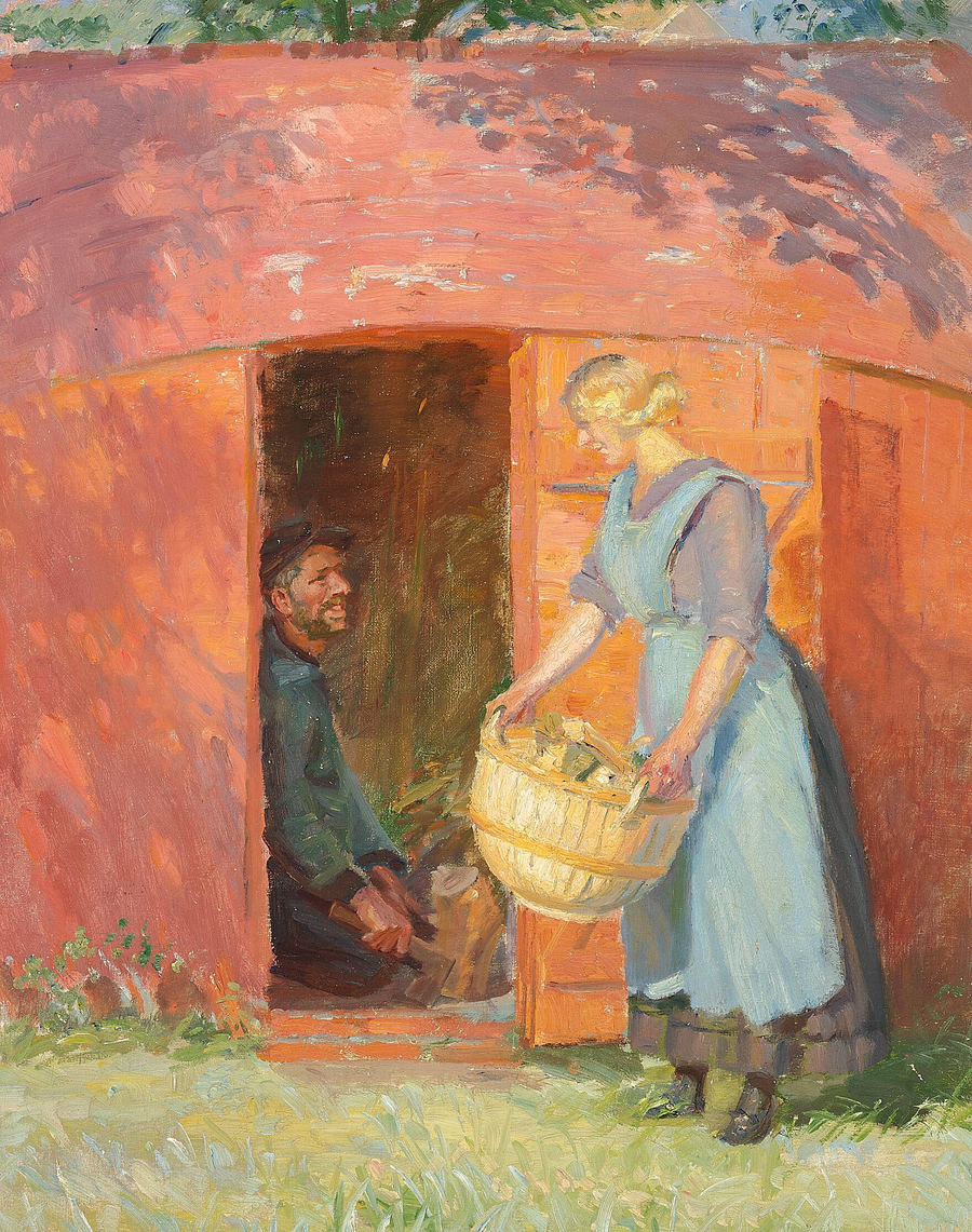 Skagenli bir balıkçı, eski bir tekneden inşa edilmiş bir kulübede, genç bir kadına ilgi gösteriyor. - Anna Ancher