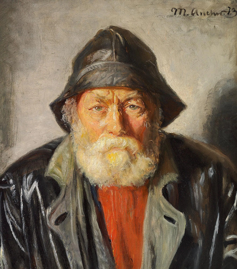 Bir balıkçı, siyah bir yağmurluk ve kaban giymiş, ayrıca kırmızı bir kazak giymiş. - Michael Peter Ancher