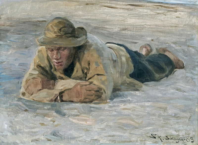Kumda dinlenen balıkçı, göğsü kollarına yaslanmış - Peder Severin Krøyer