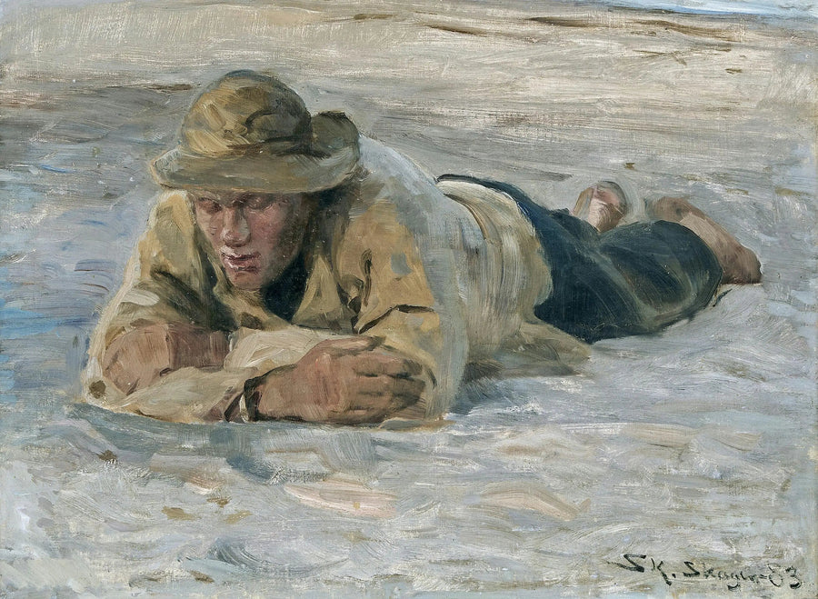 Kumda dinlenen balıkçı, göğsü kollarına yaslanmış - Peder Severin Krøyer