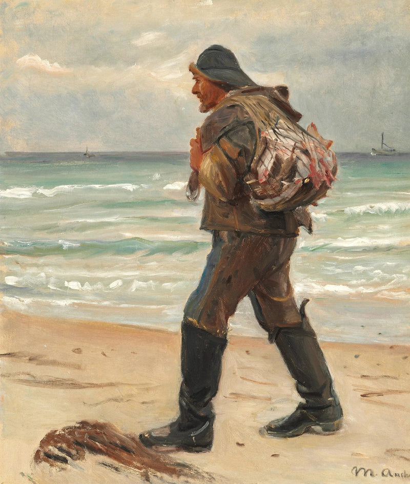 Skagen plajında bir balıkçı, günün avını sırtında taşıyor. - Michael Peter Ancher