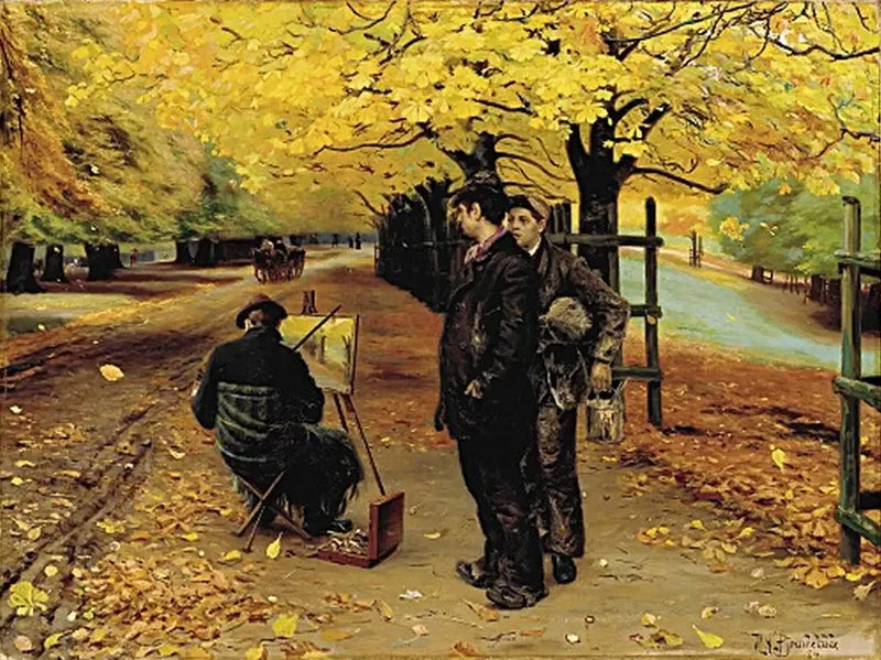 Bir ressam, bir sonbahar günü Dyrehaven yakınlarında, Kopenhag yakınlarında, atölyesinde. - H. A. Brendekilde