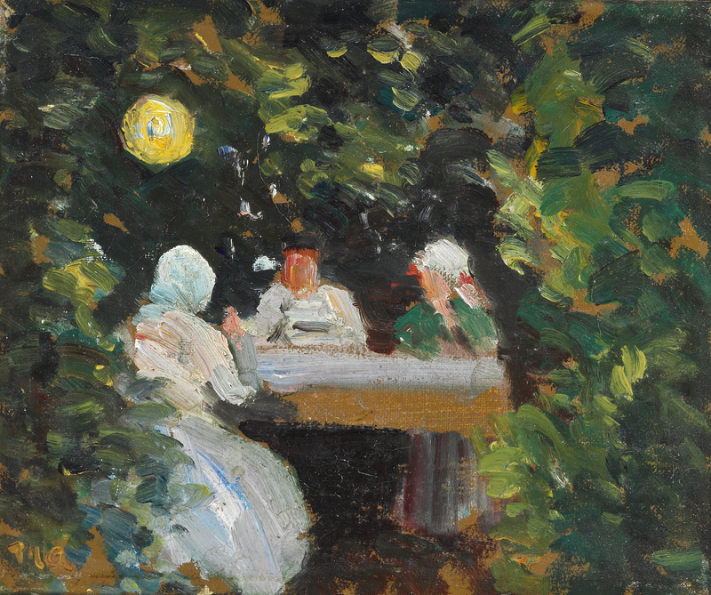 Çince fenerin ışığında masanın etrafında toplanmış küçük bir grup - Michael Peter Ancher