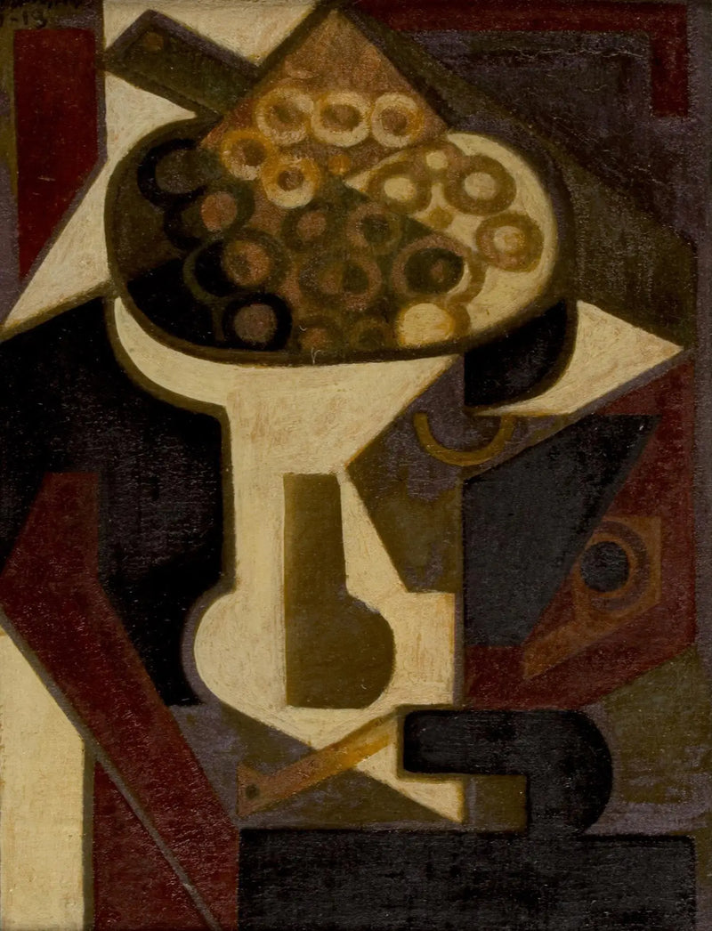 Bir masa üzerinde üzüm tabağı ve piponun resmi - Juan Gris