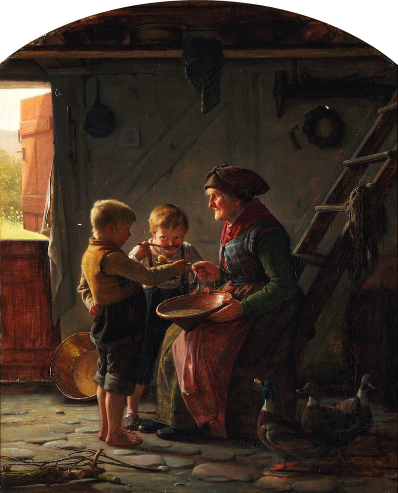 Bir öğün. İki oğlan ve bir büyükanne patates çorbasını tadıyor. - Carl Heinrich Bloch