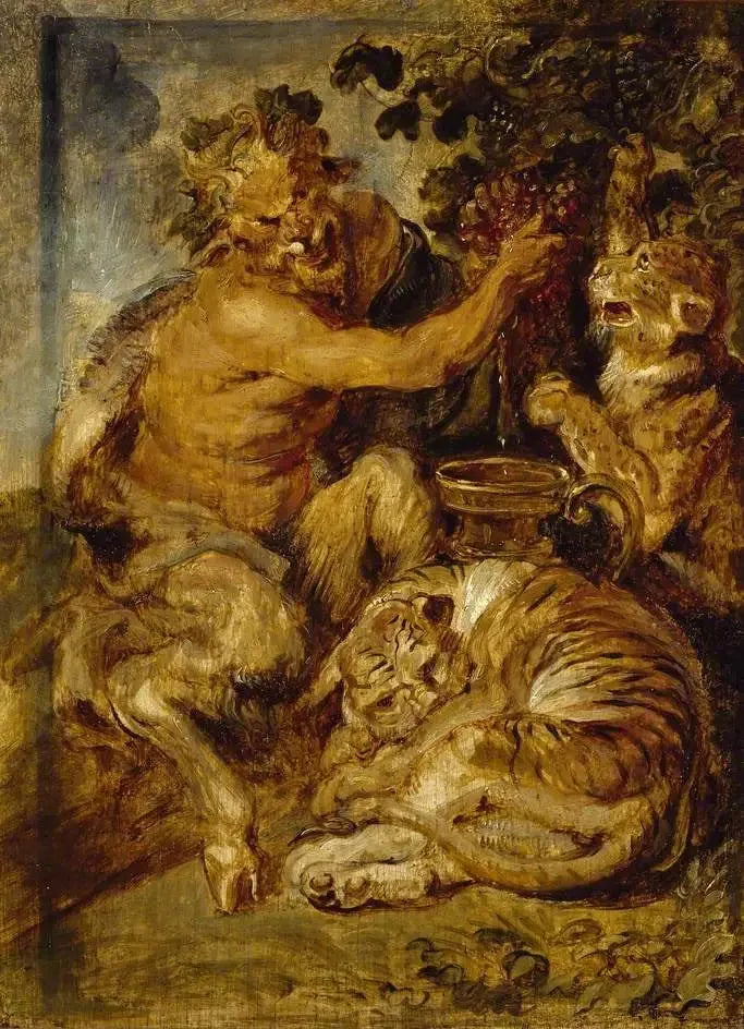 Bir satyrın asmaya basması, yanında bir kaplan ve bir leopar - Peter Paul Rubens