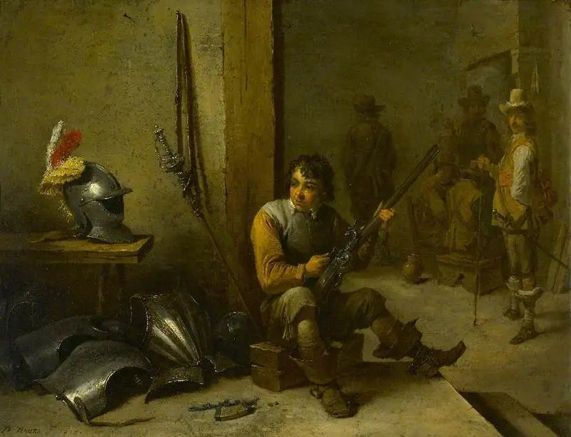 Bir muhafaza odasında çakmaklı tüfeği temizleyen asker, yanında zırh ve ötesinde askerler - David Teniers genç