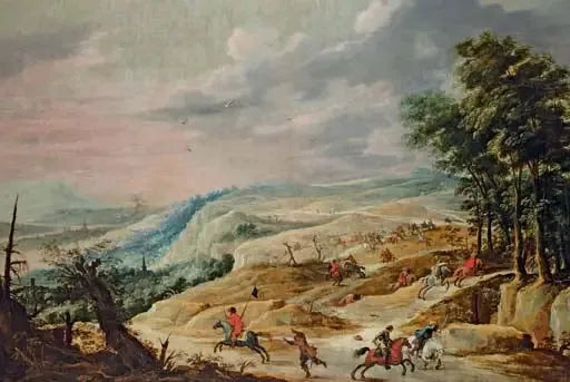 Geniş bir manzara ve bir sıçrama atlı birlikleri, bir sırt üzerinde - David Teniers le Jeune