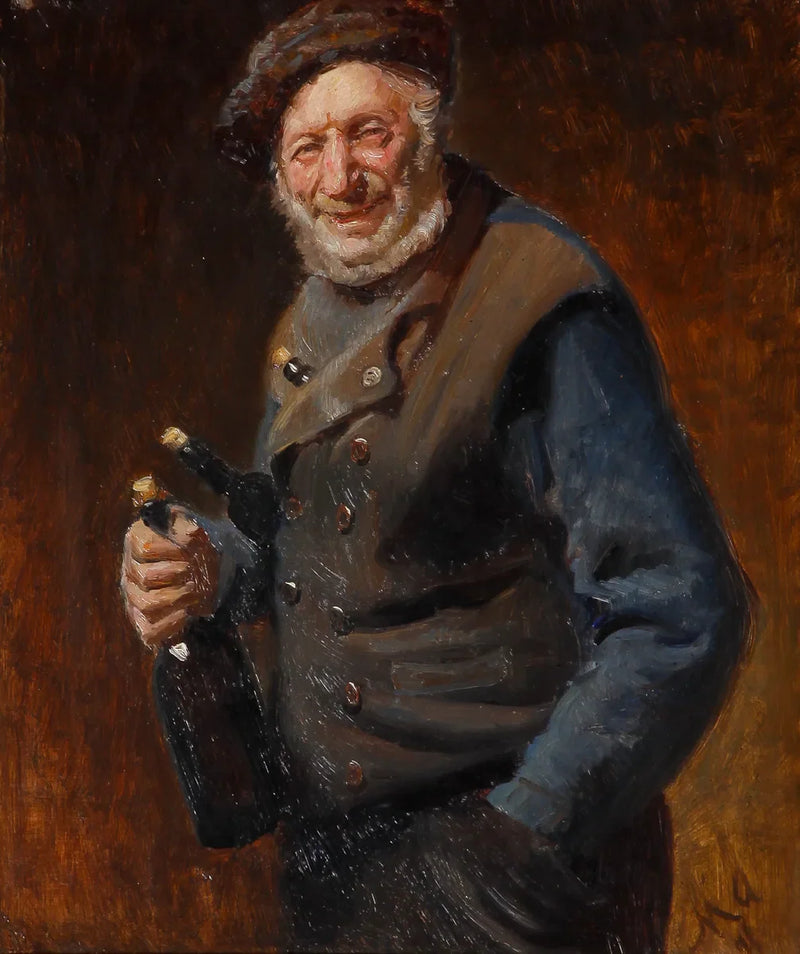 Skagenli yaşlı bir adam, elinde şişeler tutarken ve ceplerinde. - Michael Peter Ancher