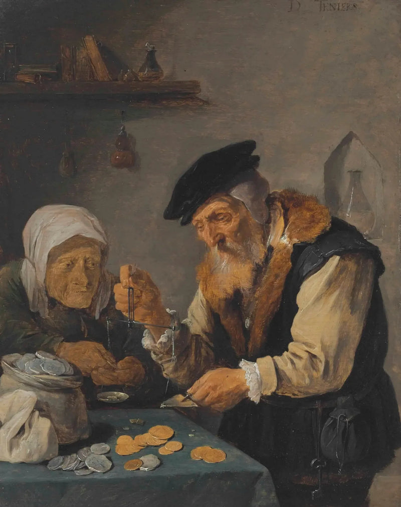 Bir yaşlı adam ve bir yaşlı kadın madeni paraları tartıyor - David Teniers le Jeune