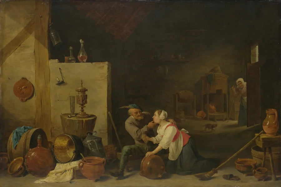 Eski bir köylü, bir mutfak hizmetçisini ahırda okşuyor - David Teniers le Jeune