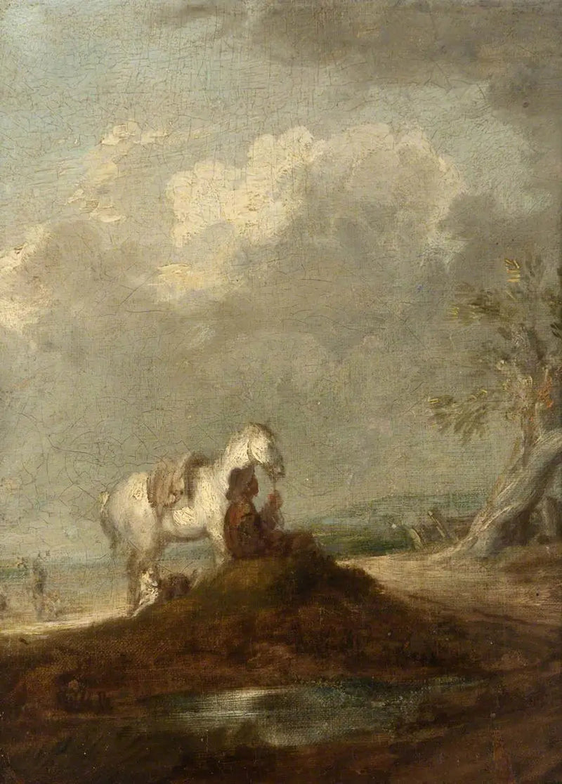 Bir gezgin, kır yolu üzerinde oturmuş, beyaz bir at tutuyor - Thomas Gainsborough