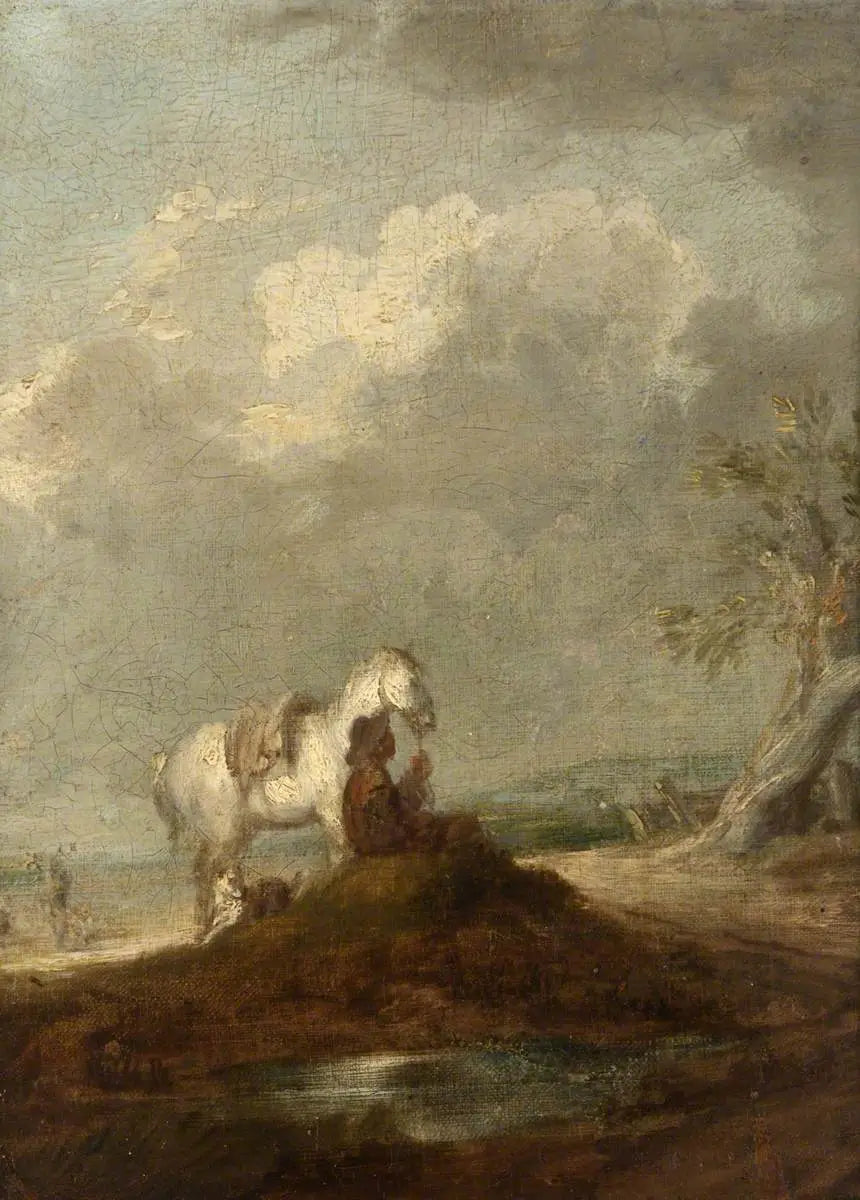 Bir gezgin, kır yolu üzerinde oturmuş, beyaz bir at tutuyor - Thomas Gainsborough
