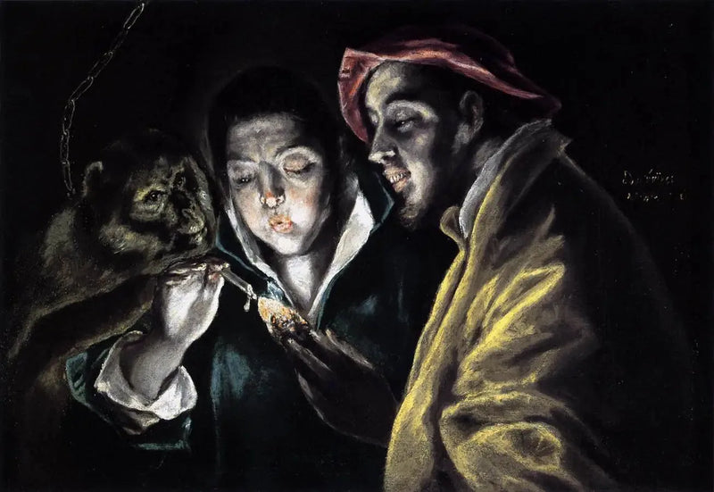 Bir çocuk, bir maymun ve bir deliyle birlikte mum yakan bir alegori - El Greco