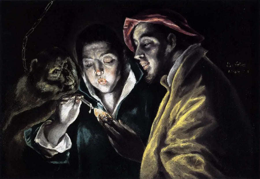 Bir çocuk, bir maymun ve bir deliyle birlikte mum yakan bir alegori - El Greco