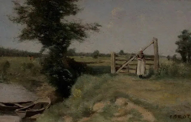 Bir kanal kenarındaki çayırda bir bariyer. Abbeville civarında - Jean-Baptiste Camille Corot