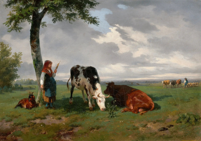 Bir merada bir keçi ve iki inek ile bir bergère - Rosa Bonheur