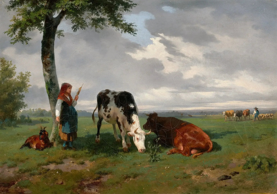 Bir merada bir keçi ve iki inek ile bir bergère - Rosa Bonheur