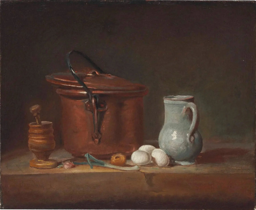 Bakır tencere, havan ve havan tokmağı, sürahi, taze soğan, yumurta ve soğan raf üzerinde - Jean Siméon Chardin