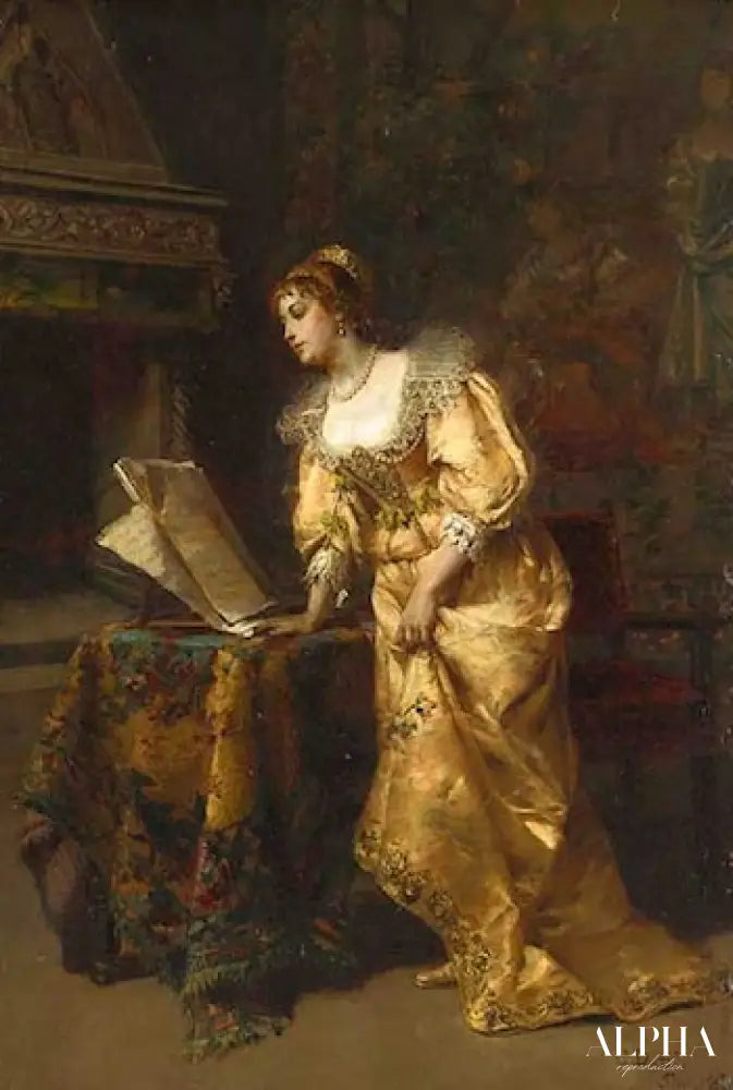 Une dame élégante lisant de la musique - Cesare-Auguste Detti Reproductions de tableaux à la peinture à l’huile