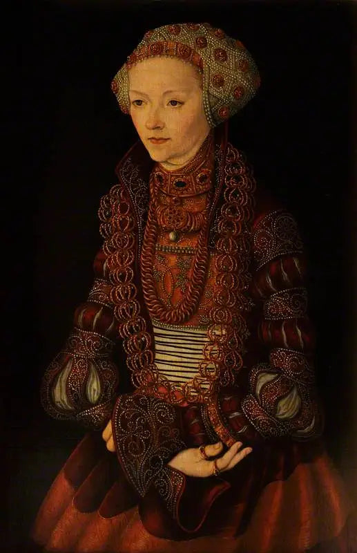 Bilinmeyen bir kadın, bir zamanlar Sybille de Clèves olarak adlandırılan, Jean Frédéric de Saxe'nin eşi - Lucas Cranach the Elder