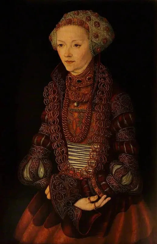 Bilinmeyen bir kadın, bir zamanlar Sybille de Clèves olarak adlandırılan, Jean Frédéric de Saxe'nin eşi - Lucas Cranach the Elder