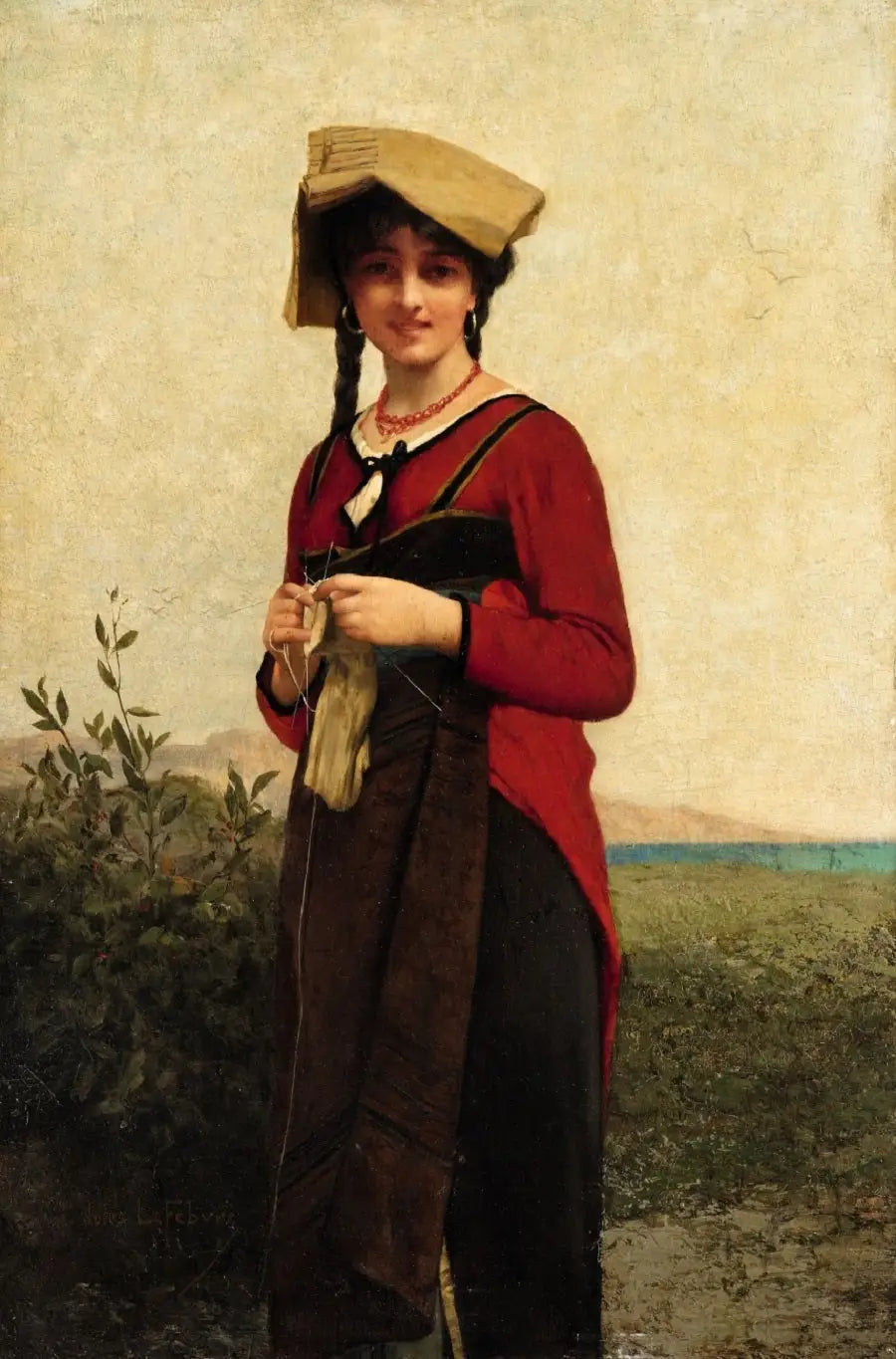 Une dame italienne en train de tricoter - Jules Lefebvre - Alpha Reproduction