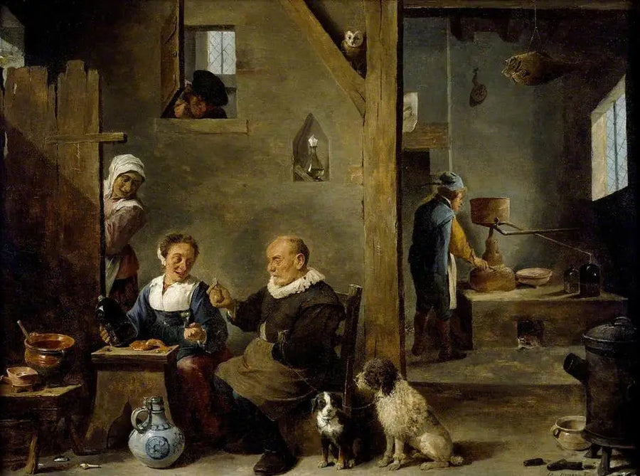 Bir adamın yaşlı bir adamın kadınlardan cin satın aldığı bir damıtımevi - David Teniers genç