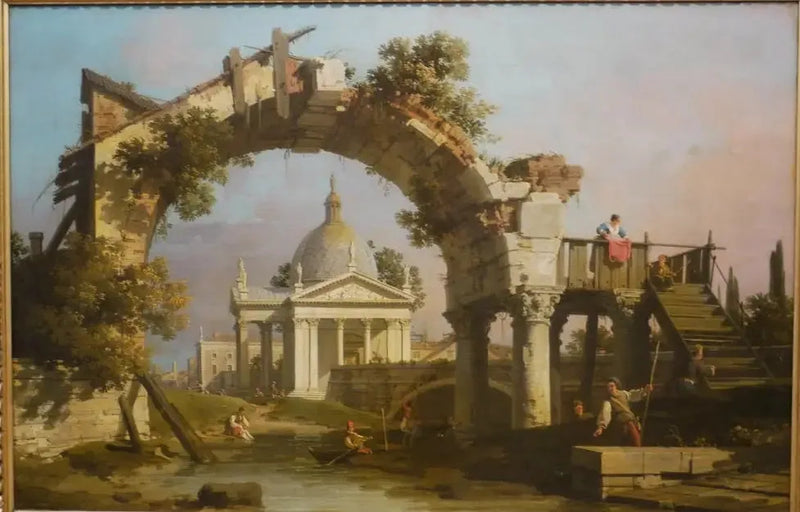 Harabe bir kemer arasından görülen kubbe şeklinde bir kilise - Canaletto