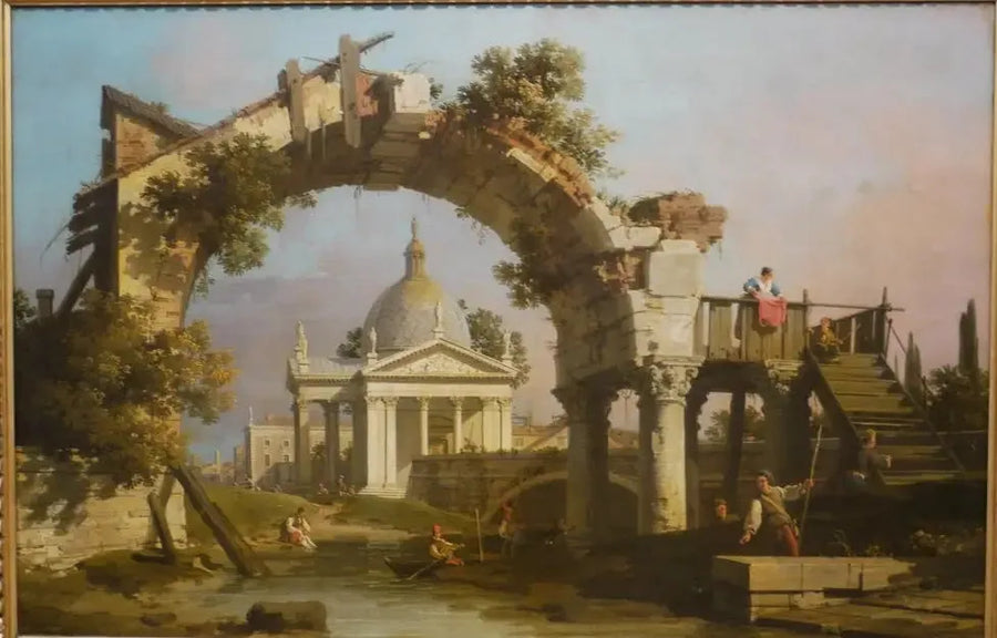 Harabe bir kemer arasından görülen kubbe şeklinde bir kilise - Canaletto