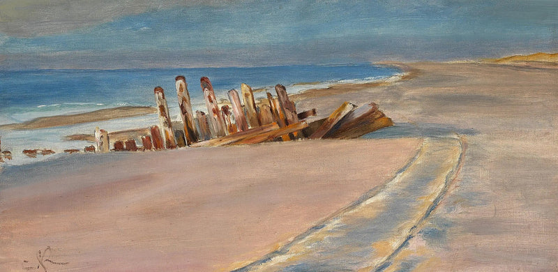 Skagen'in kuzey plajında bir enkaz. Kumda derin tekerlek izleri. - Peder Severin Krøyer