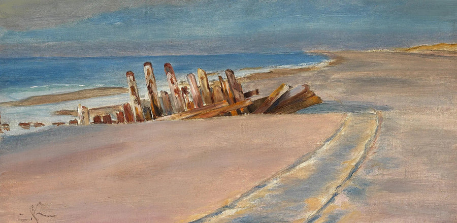 Skagen'in kuzey plajında bir enkaz. Kumda derin tekerlek izleri. - Peder Severin Krøyer