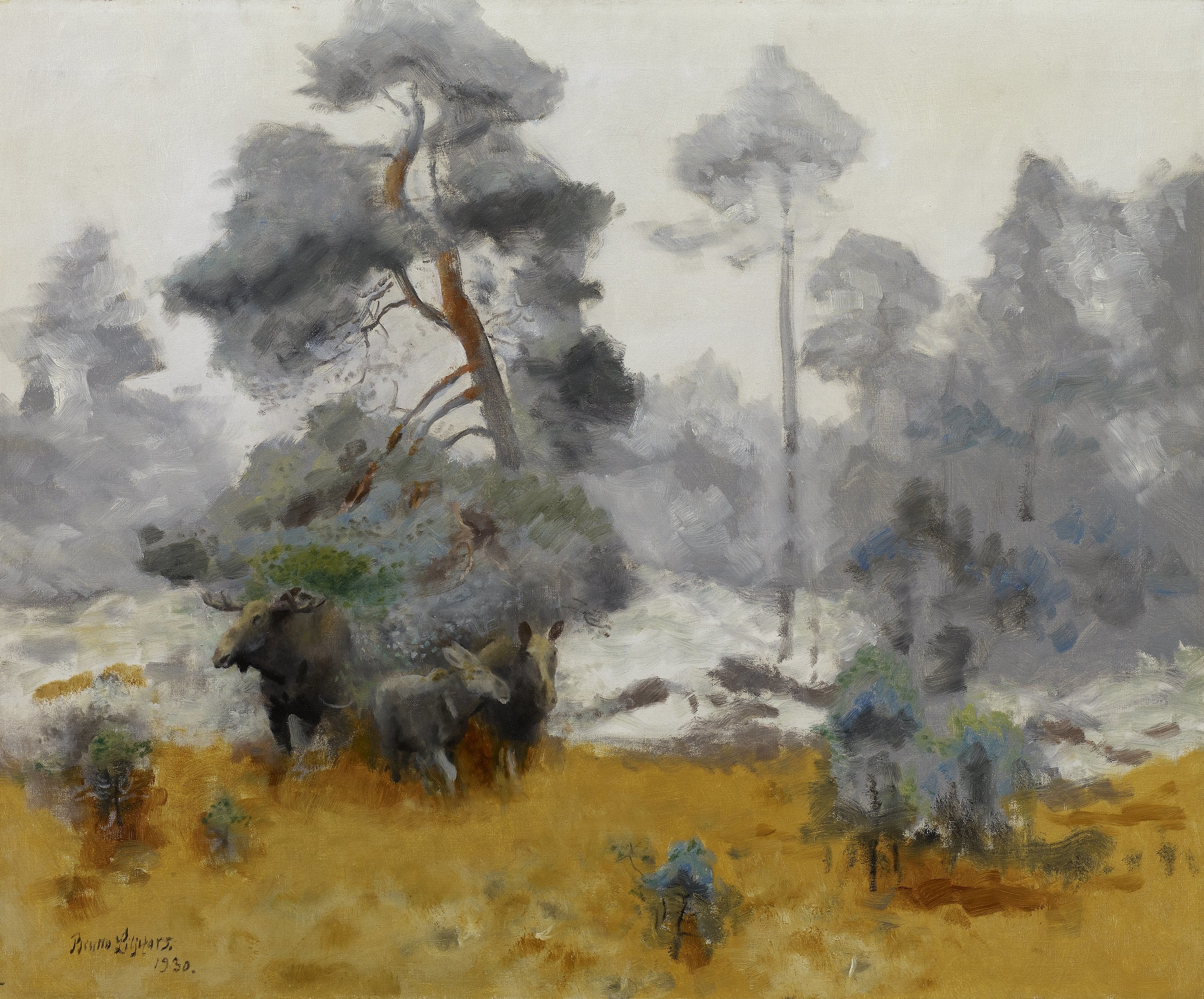 Une famille d'orignaux entre dans une clairière - Bruno Liljefors