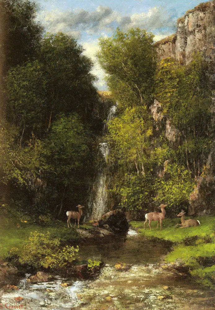 Bir aile geyik, bir şelale ile manzarada - Gustave Courbet
