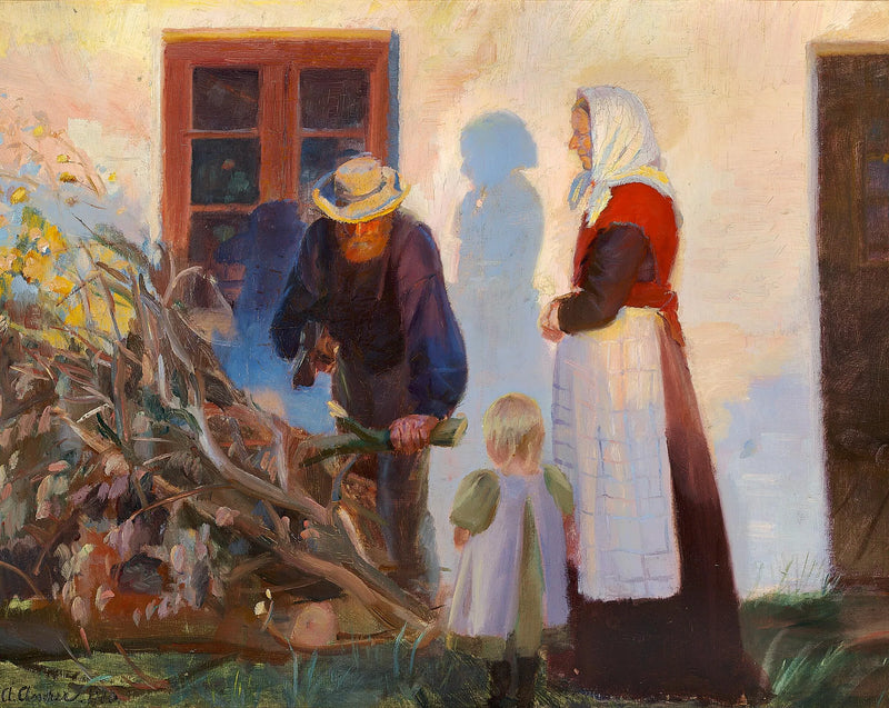 Skagen ailesi bir evin önünde dalları kesiyor - Anna Ancher