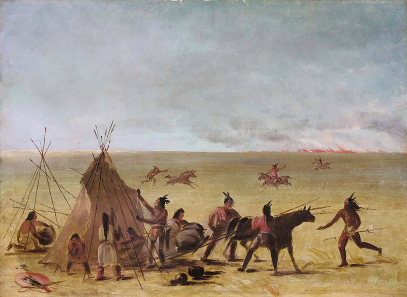 Hintli bir aile, çayırdaki bir yangının yaklaşmasıyla endişeleniyor - George Catlin