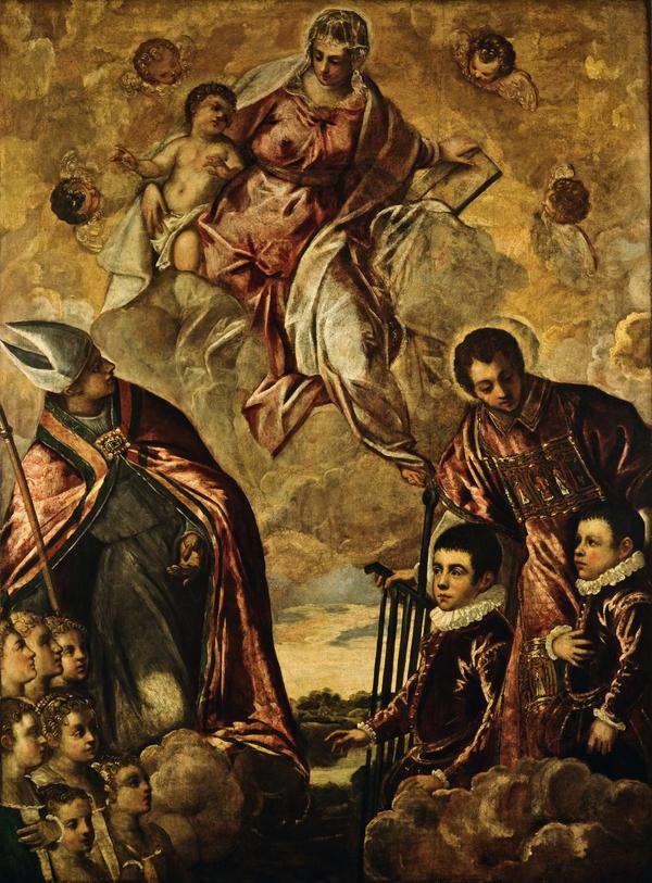 Venedik ailesi, Aziz Laurent ve bir piskopos aziz tarafından Meryem Ana'ya sunuluyor - Jacopo Tintoretto