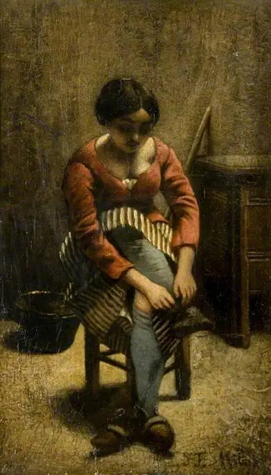 Bir kadın çorabını ayarlıyor - Jean-François Millet