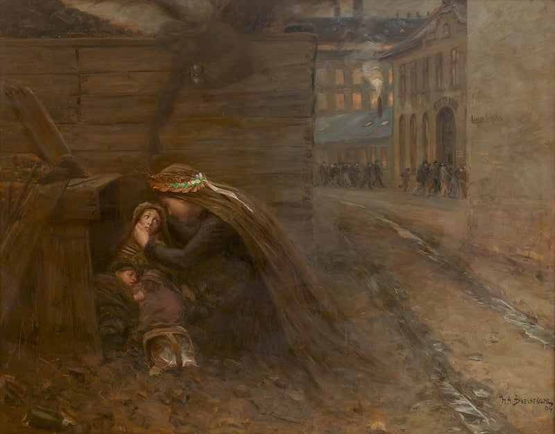 Bir kadın iki çocuğa yiyecek getiriyor. - H. A. Brendekilde