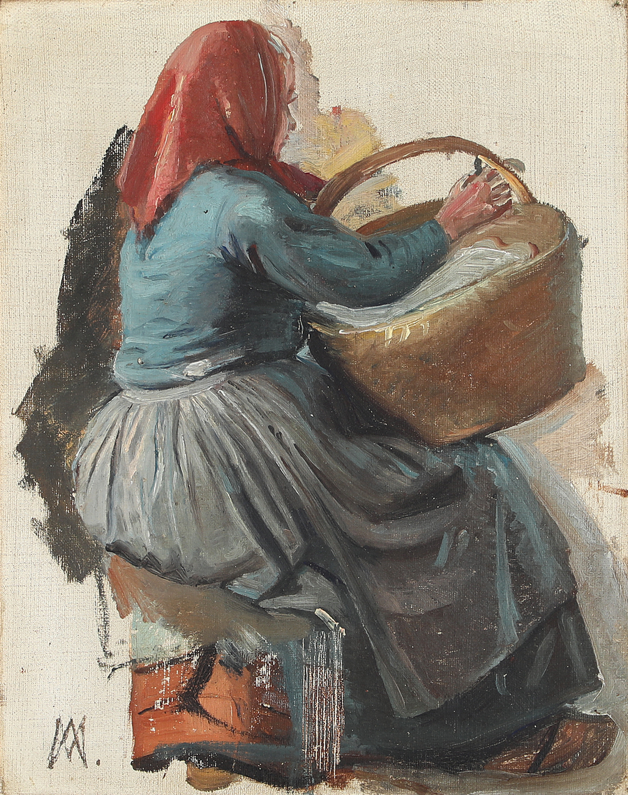 Kırmızı başörtüsü takmış, sepet taşıyan bir kadının sırtı. - Michael Peter Ancher
