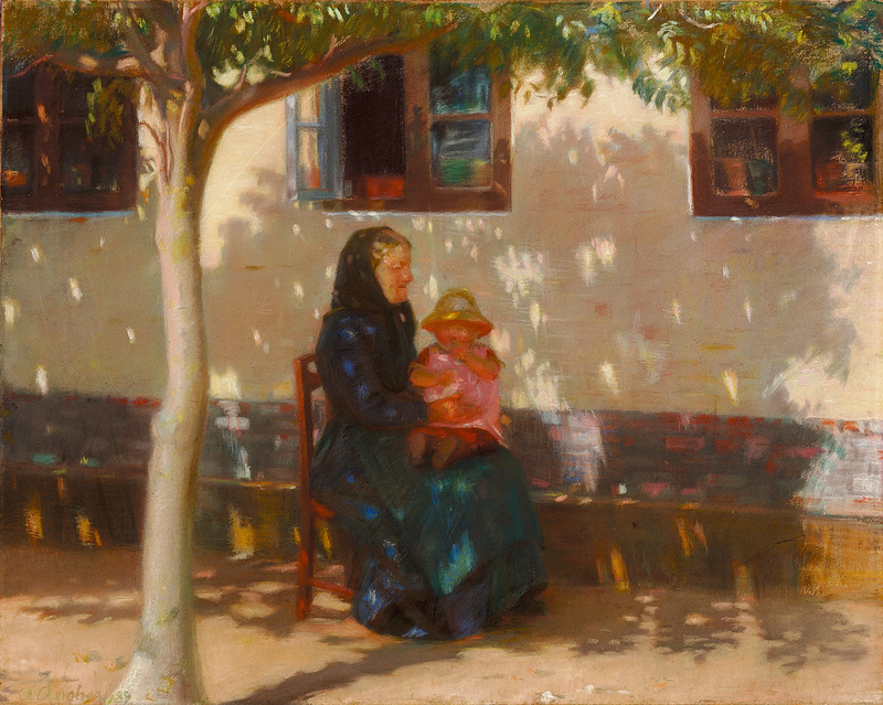 Skagenli bir kadın, önünde beyaz bir evde oturan bebek Helga Ancher ile oturuyor. - Anna Ancher