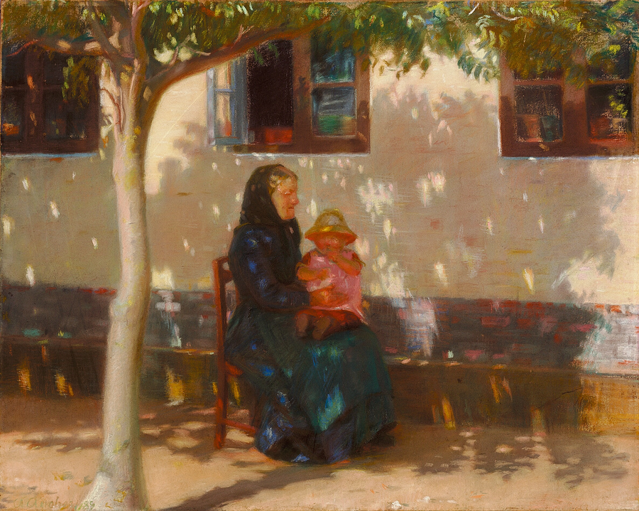Skagenli bir kadın, önünde beyaz bir evde oturan bebek Helga Ancher ile oturuyor. - Anna Ancher