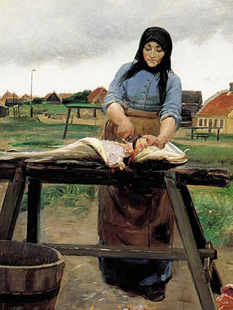 Skagenli bir kadının bir morina balığını keserken görüntüsü - Michael Peter Ancher