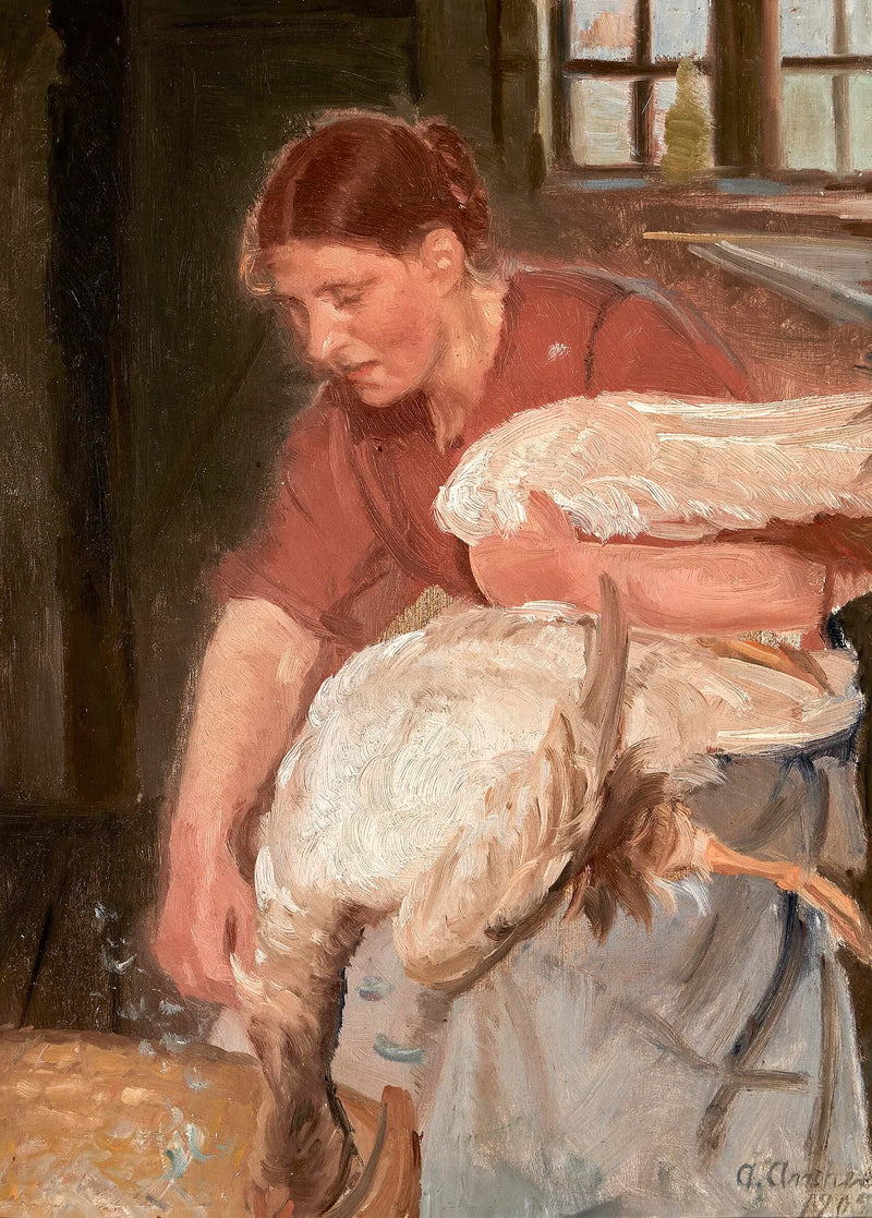 Skagenli bir kadın bir kazı tüyler. - Anna Ancher