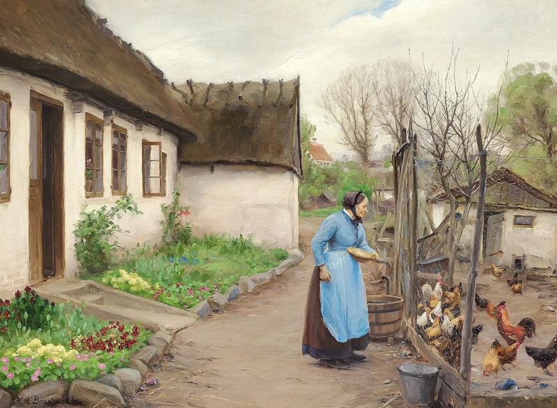 Beyaz ve kalkerli bir çiftliğin önünde tavukları besleyen bir kadın, sonbahar günü. - H. A. Brendekilde