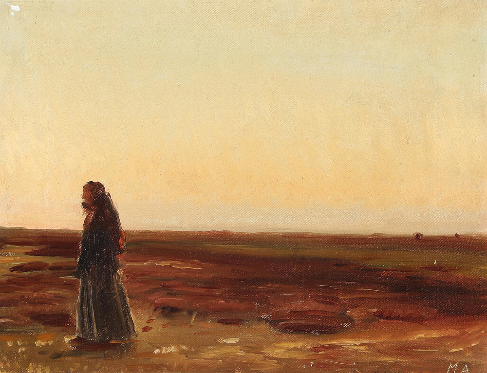 Une femme rentrant chez elle dans la lande au coucher du soleil. - Michael Peter Ancher - Alpha Reproduction