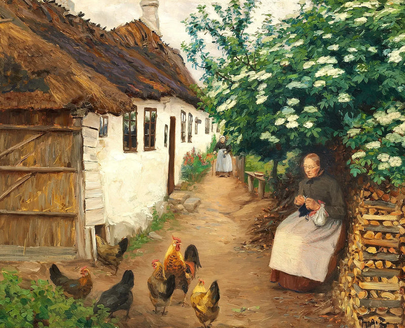 Bir kadın eski bir evin yakınında örüyor. - H. A. Brendekilde